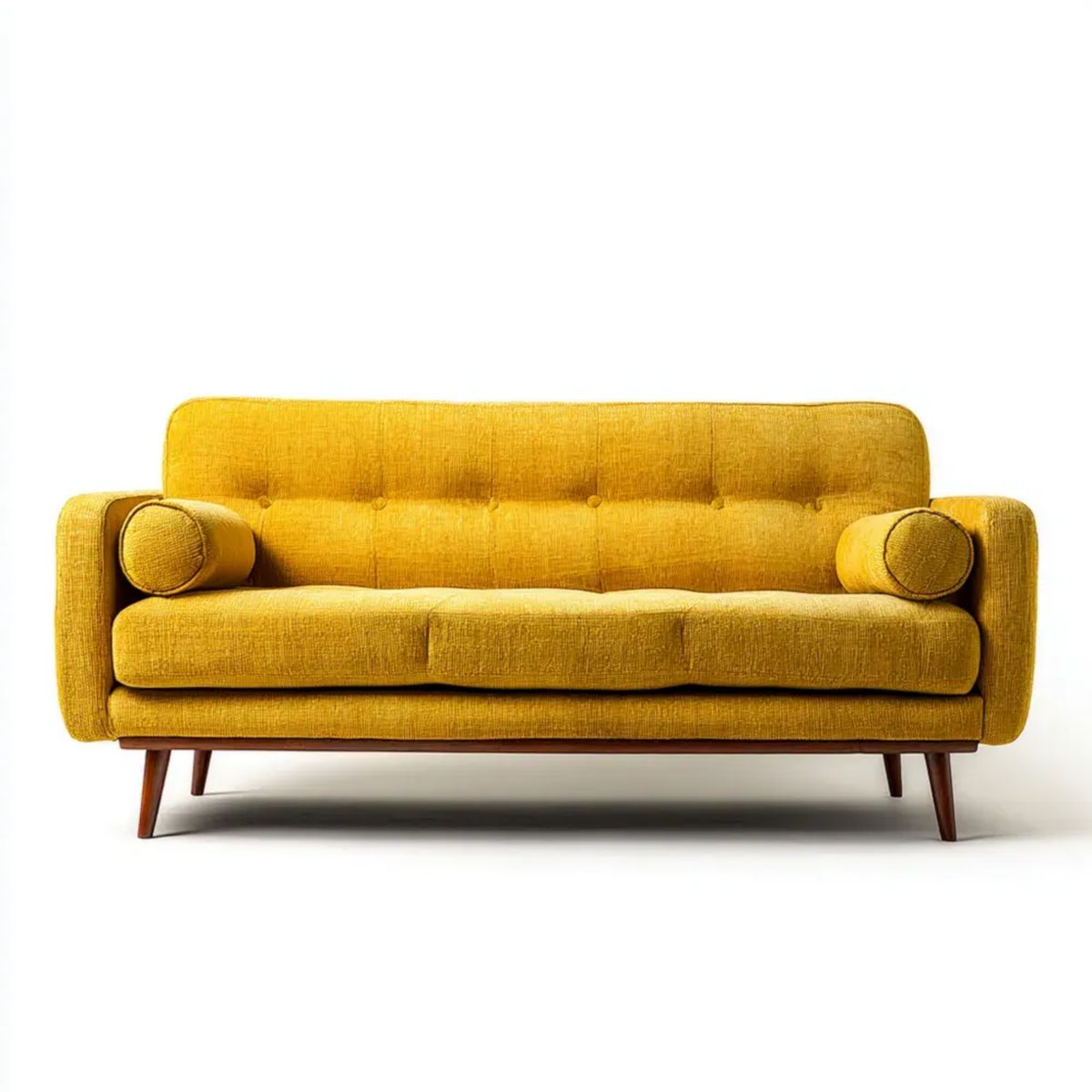 Sofa, 3-osobowa z sofą z żółtym poliestrem z drewnianymi nóżkami, 195 x 85 x 82 cm