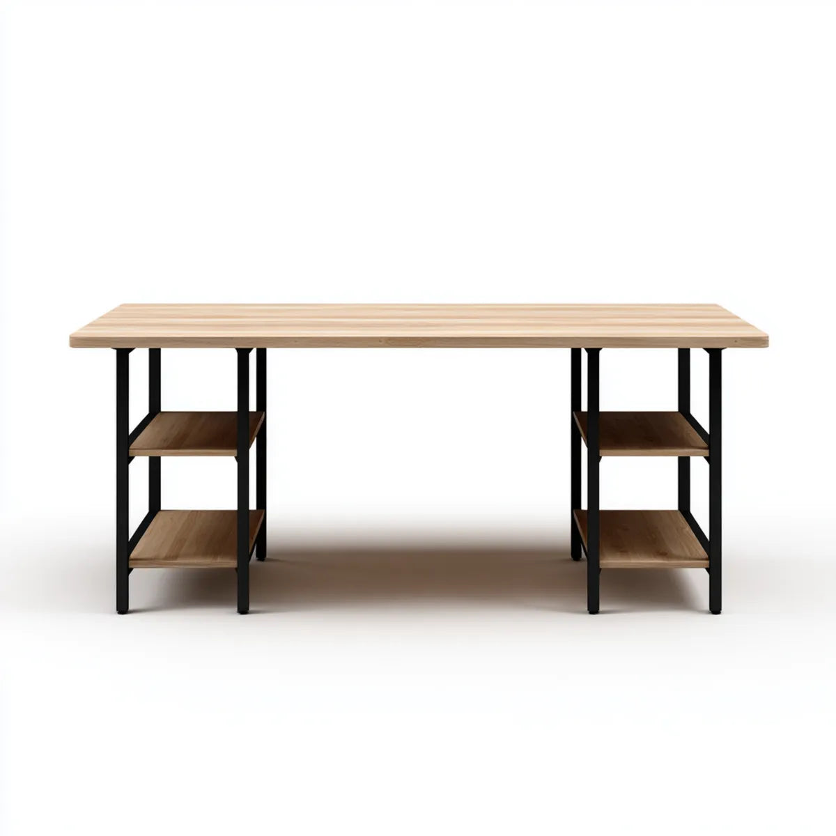 Biurko, Prostokątna biurko biurowe, kolor: naturalny i brązowy, 180 x 60 x 75 cm z MDF i półkami ze stali