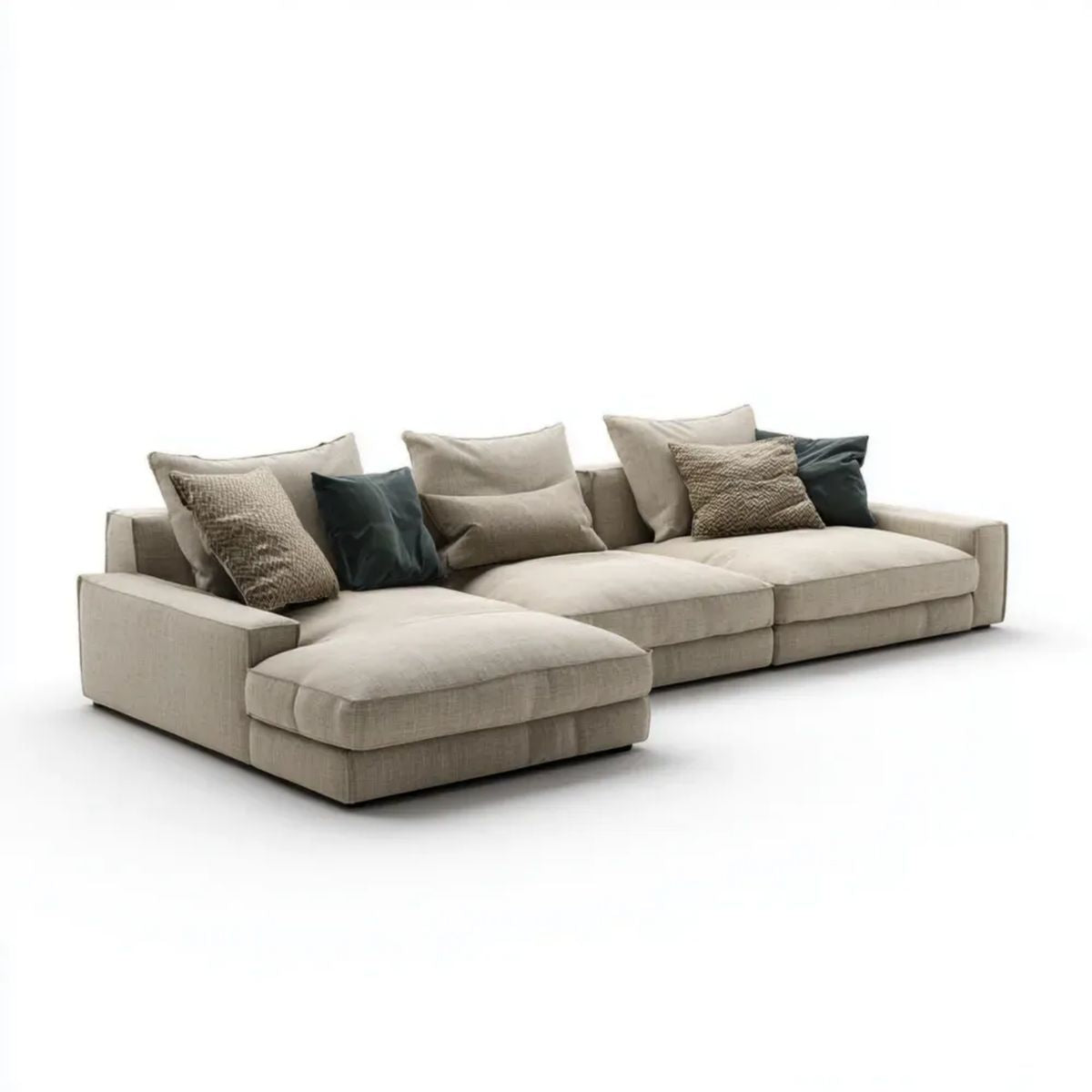 Sofa, 4-osobowa beżowa sofa tapicerowana poliestrem, 300 x 170 x 85 cm, w kształcie litery L