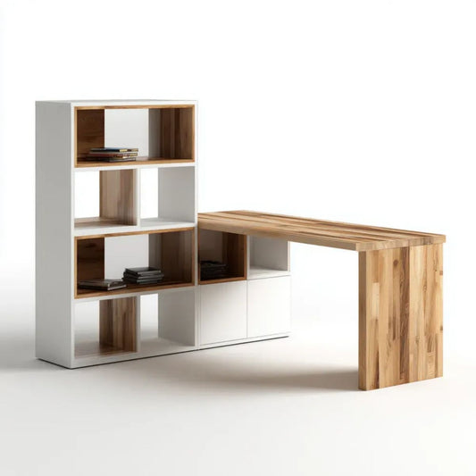 Biurko, Biżuteria biurowa z zintegrowanym biało-białym i biało-litym drewnianym biblioteką, Biżuteria 160 x 60 cm