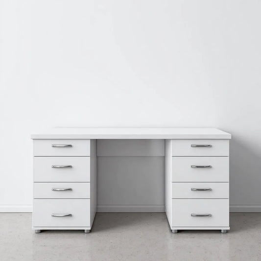 Biurko, Biała deska z 8 szufladami 150 x 60 x 74 cm prostokątna płyta wiórowa