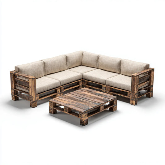 Sofa ogrodowa, Meble ogrodowe 4 fotele z beżowym i ciemnobrązowym stołem do kawy w sosnie litej 250 x 250 x 75 cm