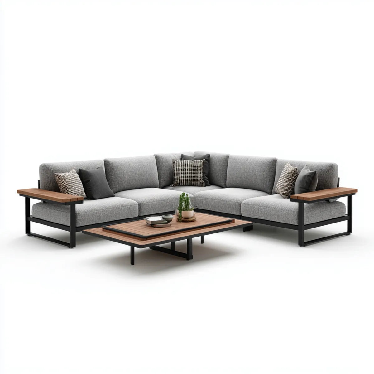 Sofa ogrodowa, Meble ogrodowe narożniki 5 foteli szaro-brązowych ze stalowym stołem do kawy i WPC 300 x 230 x 68 cm