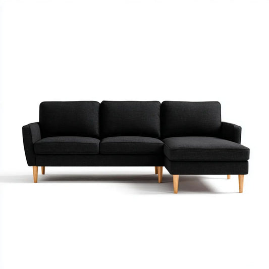 Sofa, 3-osobowa sofa z szezlongiem na czarny poliester tkaniny, 230 x 150 x 82 cm