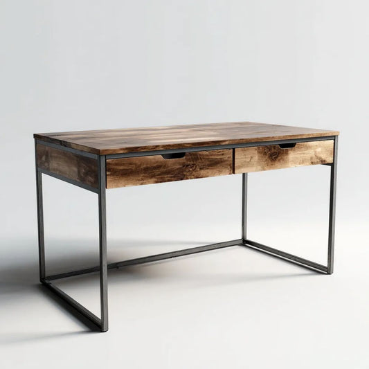 Biurko, Przemysłowy prostokątny desk 2 szuflady w betonowej drewnie oraz brązowej i czarnej stali 120 x 60 x 75 cm