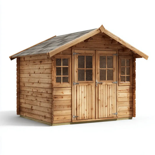 Domek ogrodowy w naturalnych jodłach 300 x 300 x 250 cm prostokątny z podwójnym dachem płatkowym