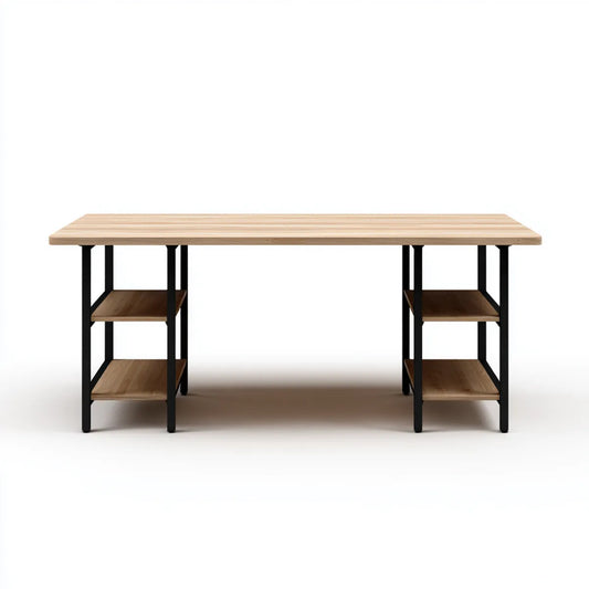 Biurko, Prostokątna biurko biurowe, kolor: naturalny i brązowy, 180 x 60 x 75 cm z MDF i półkami ze stali