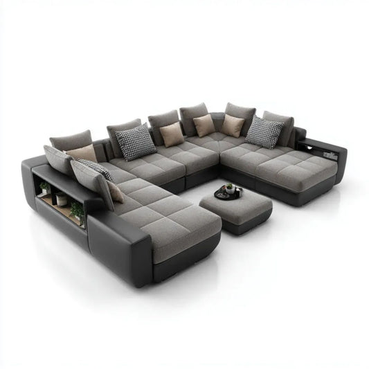 Sofa, Panoramiczny U 6-osobowa z poliestru białego i skóry lakierowanej PU 360 x 280 x 85 cm z ottomanami i przechowywaniem