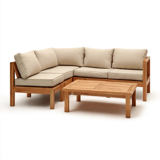 Sofa ogrodowa, Meble ogrodowe narożniki 4 beżowe fotele w litej akacji z prostokątnym stołem do kawy 208 x 208 x 60 cm i 100 x 60 x 36 cm
